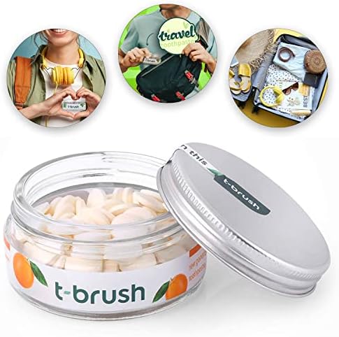 T-brush Whitening Travel Toothpaste Tablets Natural Ingredients, SLS Free, Gluten Free, Cruelty Free, Eco Friendly Packaging, Vegan - Orange Flavoured- Fluoride Free- 90 Tablets by t-brush