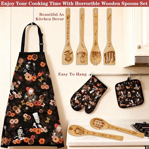 Horror Merch,9Pcs Bamboo Cooking Utensils Set,Spoons with Apron Oven Mitts Pot Holder,Halloween Horror Gifts for Men Women,Horror Decor,Horror Collectibles,Spooky Kitchen Accessories - Image 7