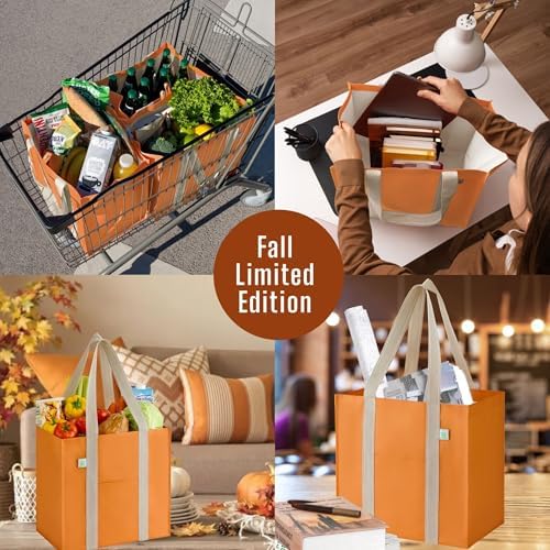 VENO 4 Pack Large Autumn Reusable Grocery Shopping Bags with Hard Bottom - Image 5