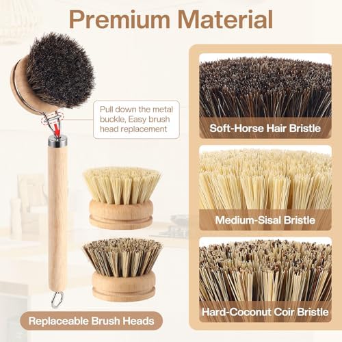 5 Pcs Bamboo Wood Dish Brush Set Includes 1 Wooden Handle with 3 Natural Replaceable Bristle Heads and 1 Handheld Bamboo Wok Brush Scrubber for Dishes Pans Pots Fruit and Veggie Washing(Style A) - Image 3