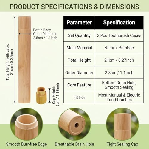 erioctry 2 Pack Bamboo Toothbrush Travel Holder 8.3 Inch Natural Toothbrush Case Cover Camping Accessory Bathroom Storage - Image 5