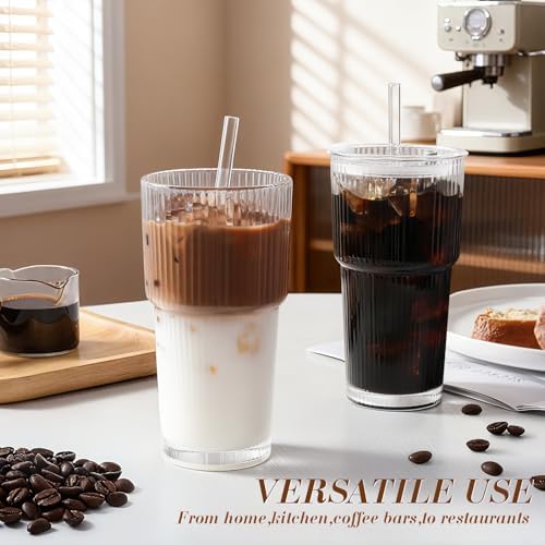 Iced Coffee Cups with Lids 2Pcs: Ribbed Glass Tumbler with Straw and Lid 20oz - Vintage Glass Cups with Lids and Straws - Tumbler Leak Proof Aesthetic Drinking for Coffee Bar Accessories - Image 6