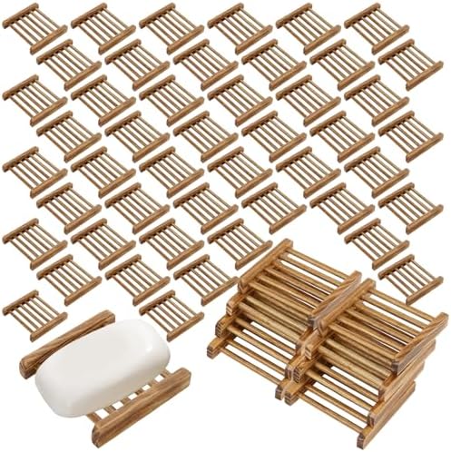 50 PCS Bamboo Soap Dish for Shower 3.3x2.3x0.6 Inch Wooden Soap Holder Self Draining Wooden Soap Tray Handmade Wood Soap Saver Bamboo Soap Holder for Bathroom, Shower, Kitchen (Charcoal Color by LOPYXBR