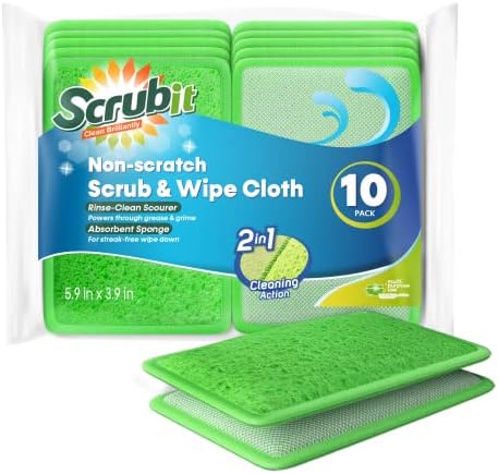 Scrub and Wipe Cleaning Pads [10 Pack] – SCRUBIT Dual Sided Scouring Pad and Sponge - Reusable Kitchen Scrubbing Sponges for Dishes, Pots, Pans Utensils & Non-Stick Cookware (Green) by SCRUBIT