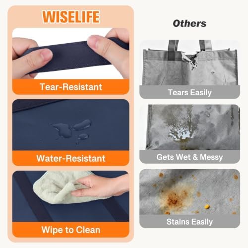 WISELIFE Reusable Grocery Bags, Foldable, Lasting Use, 35L, 6 Pack, Blue - Image 2