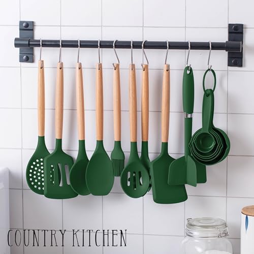 Country Kitchen Non Stick Silicone Utensil Set with Rounded Wood Handles for Cooking and Baking, 38 Piece Set, Green - Image 3