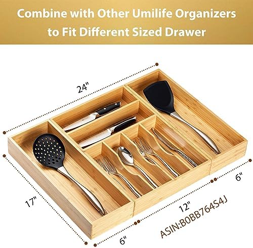 Umilife Bamboo Kitchen Utensils Organizer, Extra Long High Silverware Drawer Holder, Flatware Cutlery Storage Box, Multi-Use Drawer Divider in Office, Bathroom, Pantry - 17"x6"x2.5" (Set of 2) - Image 6