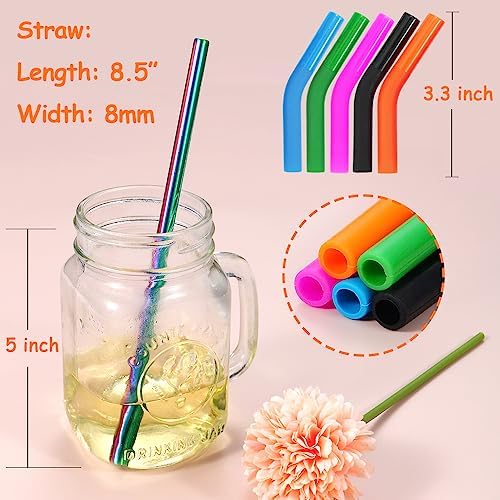 Lazycorner Reusable Stainless Steel Straws Metal Straw with Silicone Tip 5 Pcs 8mm Wide for 20/30/32oz Tumblers Smoothies and Shakes with 2 Cleaning Brushes,1 Portable Bag (Rainbow) - Image 2