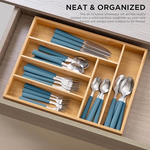 COOK WITH COLOR Bamboo Kitchen Utensil Set with Drawer Organizer | Cooking Tools and Storage Caddy, Blue, 25 Piece Cutlery Set - Image 4