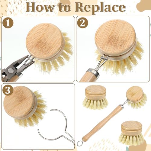 8 Pcs Bamboo Dish Brush with Handle, Natural Sisal Bristle Scrubber Includes 7 Replacement Brush Heads Wooden Kitchen Dish Brushes for Pots, Pans, Bowls, Dishes Cleaning - Image 4