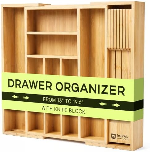 Drawer Organizer for Kitchen Organization – Expandable Bamboo Silverware Drawer Organizer with Removable Knife Block, Bamboo Cutlery, Non-Slip Utensil Organizer with 7-Slot Knife Storage for Flatware by ROYALCRAFTWOOD