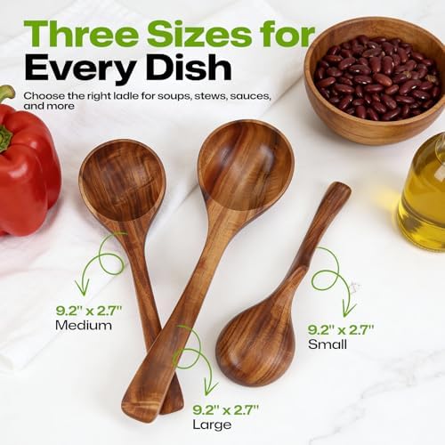 AIUHI Wooden Ladle Spoon Set, 3Size Teak Wood Ladle Spoon, Wooden Soup Spoon for Cooking, Non-Stick, Comfortable Grip for Cooking and Serving - Image 3