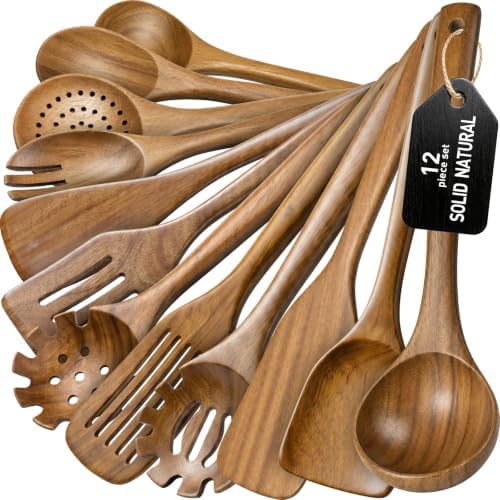 Wooden Spoons for Cooking, 12-Piece Teak Wood Kitchen Utensil Set, Nonstick Safe Wooden Spatulas and Spoons, Smooth Heat-Friendly Cooking Utensils for Everyday Meals (A12) by WOTTISH