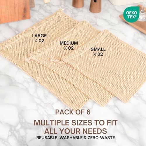 Reusable Mesh Produce Bags, Cotton Drawstring, Set of 6 - Image 3