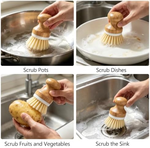 5 Pack Bamboo Dish Brush Set, Natural Kitchen Scrubber & Bottle Brush, Wooden Dish Brush for Cleaning Dishes, Pots, Pans, Bottles, Vegetables, Sinks, Woks - Image 5