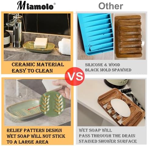 Miamolo Soap Dish Soap Holder Shower, Ceramic Soap Dishes for Bar Soap Sponge, Shower Soap Dish Soap Saver Tray for Bathroom Kitchen Sink, Easy to Clean, Green (Pack of 2) - Image 4