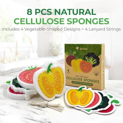 AIRNEX Biodegradable Cellulose Compressed Sponges Bulk - Vegetable Shaped Kitchen Pack of 8 - Eco Friendly, Odor Free, Natural, Pop Up Compostable Scrubbers for Washing Dishes - Image 2