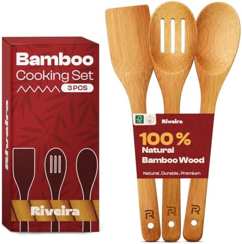 Riveira Bamboo Wooden Spoons for Cooking 3-Piece, Apartment Essentials Wood Spatula Spoon Nonstick Kitchen Utensil Set Premium Quality Housewarming Gifts for Everyday Use by Riveira