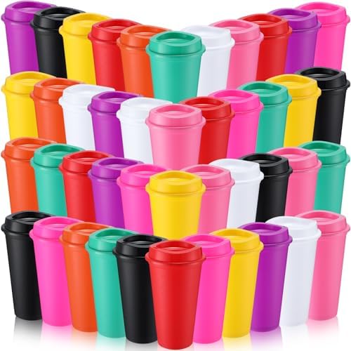 Honeydak 45 Pack 16 oz Reusable Coffee Cups with Lids Water Bottle Iced Coffee Travel Mug Portable Plastic Tea Tumblers Bulk for Hot and Cold Drinks Birthdays Party (Dark Color,Classic) by Honeydak