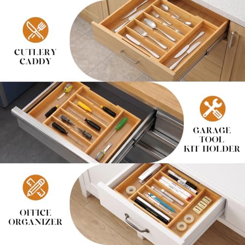 Bamboo Silverware Organizer, Expandable Bamboo Kitchen Drawer Cutlery Organizer, 18.5"x13.3" Flatware Organizer Tray, Utensil Holder - Image 6