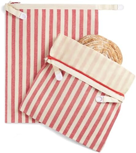 BRONYPRO Reusable Beeswax and Linen Bread Bags with Zipper, 2-Pack Waxed Bread Bags for Homemade Bread & Sourdough, Sustainable Loaf Storage to Lock in Freshness, Large 17x12.6in, Red Stripe by Bronypro