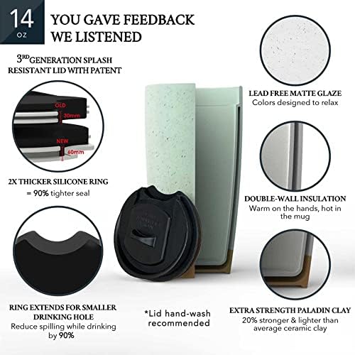 Mora Double Wall Ceramic Coffee Travel Mug with Lid, 14 oz, Portable, Microwave, Dishwasher Safe, Insulated Reusable Tall Cup, Splash Resistant Lid - To Go Tumbler for Car Cup Holder, Seafoam - Image 4