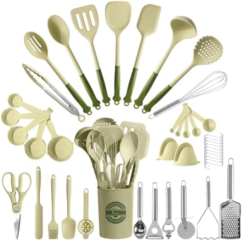 Kikcoin 43 PCS Silicone Kitchen Utensils Set, Dishwasher Safe Kitchen Cooking Utensils Set, 446°F Spatulas Silicone Heat Resistant, Non Toxic Silicone Utensils Set With Two-Tone Grip Handles, Green by Kikcoin