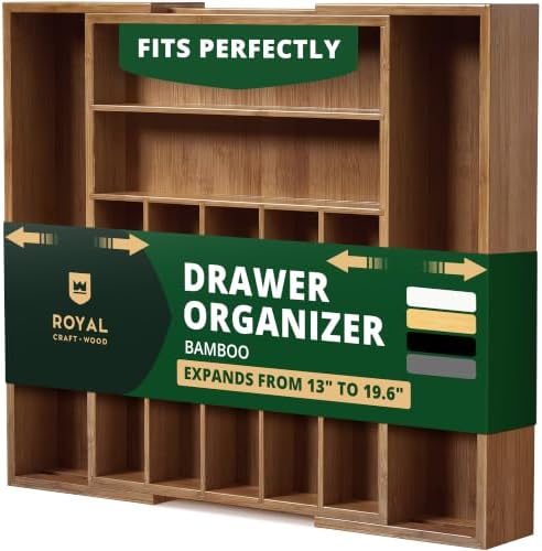 ROYAL CRAFT WOOD Luxury Bamboo Kitchen Drawer Organizer - Silverware Organizer - Utensil Holder and Cutlery Tray with Grooved Drawer Dividers for Flatware and Kitchen Utensils (9 Slot, Brown Bamboo) by ROYALCRAFTWOOD