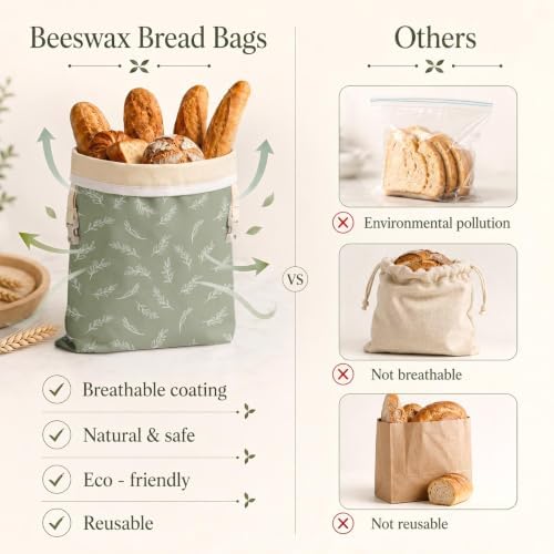 Britimes Reusable Bread Bags Set, Beeswax, XL, Zero Waste, Sage Green - Image 5