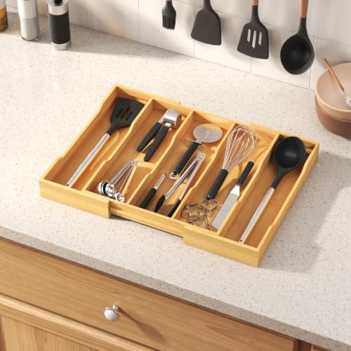 Lifewit Bamboo Utensil Organizer for Kitchen Drawer, Cooking Utensil Tray - Image 2