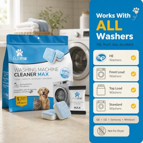 FURME Washing Machine Cleaner MAX Tablets for Pet Owners – 24 Pack Deep Cleaning Descaler for HE Front & Top Load Washers – Removes Pet Hair Odor, Residue & Grime – Septic Safe – 12 Month Supply - Image 4