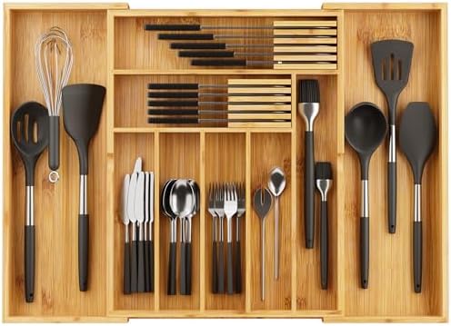 BAMEOS Bamboo Drawer Organizer Expandable Kitchen Silverware Organizer with 7-9 Deep Compartments, Bamboo Reinforced Cutlery Tray, Adjustable Utensil Holder for Kitchen(16.1"-22.4" Wide, Natural) by BAMEOS