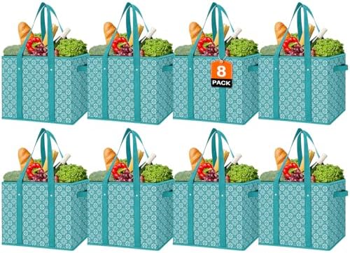 Reusable Grocery Bags 8 Pack, Foldable & Water Resistant Shopping Bags by WiseLife