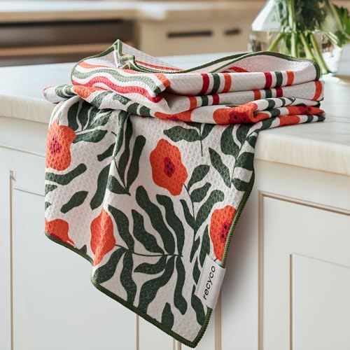 RECYCO Waffle Kitchen Towel Set of 2 - Quick Dry Microfiber Sustainable Dish Towels - Ultra Absorbent Reusable Cleaning Tea Towels - Lightweight Hand Towels,16”x 28”, Poppy Waves by RECYCOHOMECOLLECTION