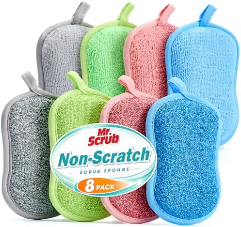 Mr. Scrub Sponges Kitchen Dish Sponge for Washing Dishes Cleaning Kitchen, 8 Pack, Non Scratch, Rough Scrubbers Side for Non-Stick Cookware, Soft Microfiber Scrub Side for Dishes, Multicolor by MrScrubCleaninghelpers