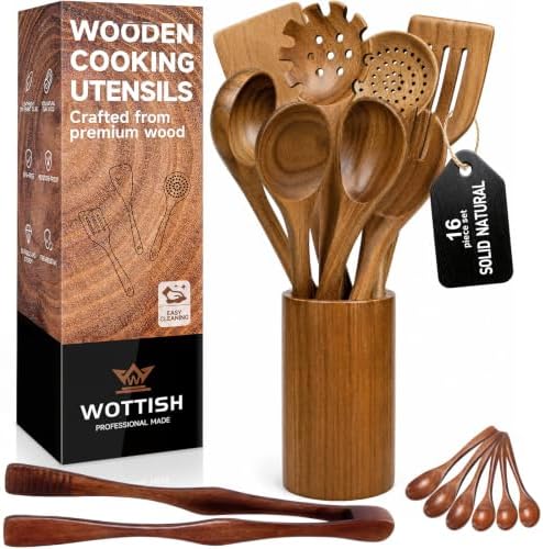 Wooden Spoons for Cooking, 16-Piece Wood Kitchen Utensil Set with Holder, Nonstick Safe Wooden Spatulas and Spoons, Smooth Cooking Utensils for Everyday Meals (A16) by WOTTISH