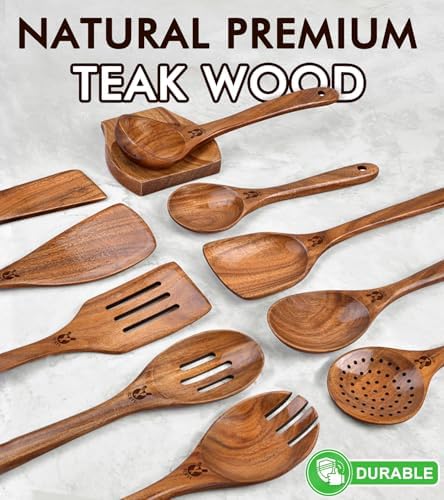 12Pcs Soft Grip Teak Wooden Utensil Set, Durable Spoons for Family Kitchen - Image 2