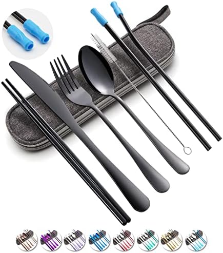 Travel Utensils Set with Case Reusable Portable Cutlery Set Stainless Steel 8pcs Including Dinner Knife Fork Spoon Chopsticks straws(Black) by OASMU