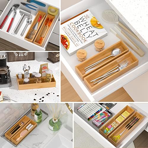 VeyFey Silverware Tray for Drawer, Stackable Kitchen Bamboo Drawer Organizer 12" x 3" x 2" Set of 2 - Image 4