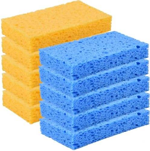 YoleShy Sponges Kitchen 10 Pack Natural Compressed Cellulose Sponges for Dishes Non Scratch for Household Cookware Bathroom Cars Soft Super Absorbent Reusable, Blue and Yellow by YoleShy