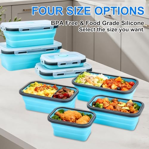 Collapsible Silicone Food Storage Containers 4 Set Airtight Leak Proof Food Containers with Lids Meal Prep for Microwave Freezer Dishwasher for Kitchen Camping Office Navy Blue - Image 3