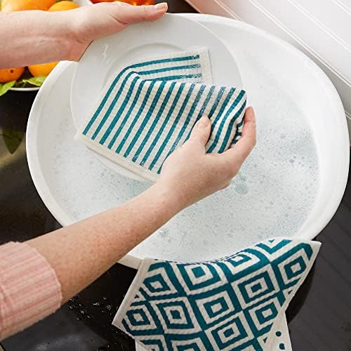 DII Swedish Dishcloths for Kitchen & Cleaning, Reusable, Machine Washable & Dishwasher Safe, Biodegradable, 7.75 x 6.75, Teal & White - Image 6