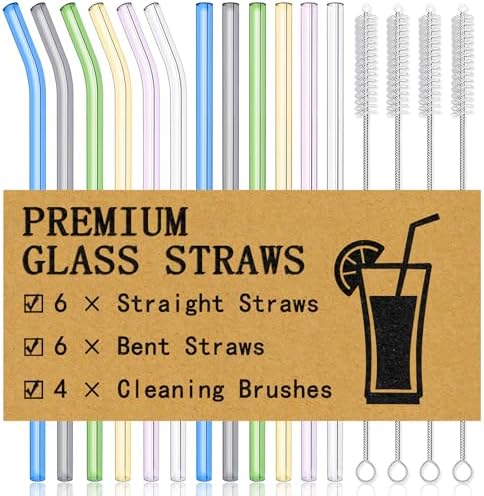 Piteno® 12Pcs Glass Straws with 4Pcs Brushes, 8.5''x10MM, Set of 6 Straight and 6 Bent with 4 Cleaning Brushes, Perfect for Smoothies, Milkshakes, Juice, Tea (Rainbow) by Piteno