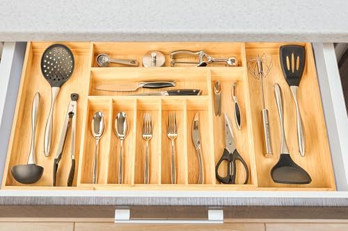 Umilife Extra Large Expandable Kitchen Siverware Utensils Drawer Organizer, 19" Deep for Big Drawer, Adjustable Bamboo Wood Drawer Divider with Curved Grooves, Cutlery Tray Flatware Holder - Image 6