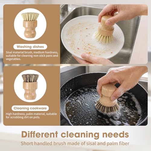 6 Pack Bamboo Dish Brush & Sponge Set, Wooden Handle Kitchen Scrub Brushes with Natural Sisal & Palm Fiber Heads, Multi-Purpose Dishwashing Cleaner for Dishes, Pots, Bottles, Vegetables - Image 6