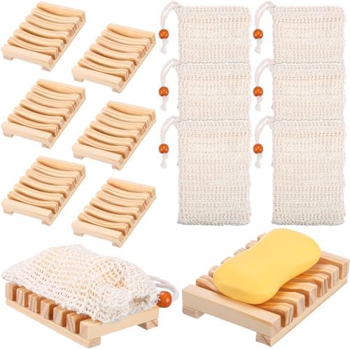 Mumufy 12 Pcs Wood Soap Dish and Exfoliating Bag Set 4.5 x 3.35 x 0.87 inches Self Draining Soap Saver Wood Tray for Bathroom Shower Travel(Wood Color,Wooden) by Mumufy