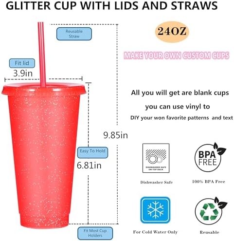 Suertestarry Tumbler with Straw and Lid,Water Bottle Iced Coffee Travel Mug Cup,Reusable Plastic Cups,Perfect for Parties,Birthdays,24oz-10 Pack (10 Pack Glitter, 10 pack) - Image 2
