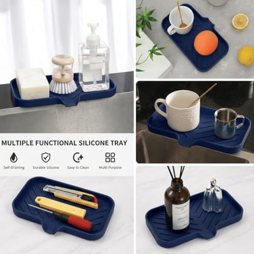 MicoYang Silicone Soap Dish with Drain Spout — Self-Draining Sink Organizer Tray for Bathroom & Kitchen, Sponges, Dispensers & Soap Holder, Non-Slip & Dishwasher Safe, Navy Blue (Medium, 9.6"×5.3") - Image 5