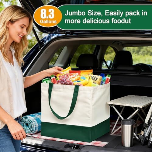 Reusable Grocery Bags Heavy Duty, 8.3 gal Foldable Large Canvas Tote Bag with Handles, Holds 60 lbs Canvas Shopping Bags, 1 Pack（Retro Green） - Image 3