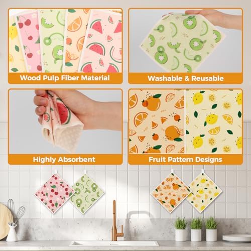 wlich 10 Pack Swedish Dishcloths, Reusable Kitchen Towels with Clips, Fruit - Image 2